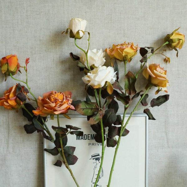 

1pcs 3 heads dry burning rose emulated flower home decoration decoration wedding fake flower