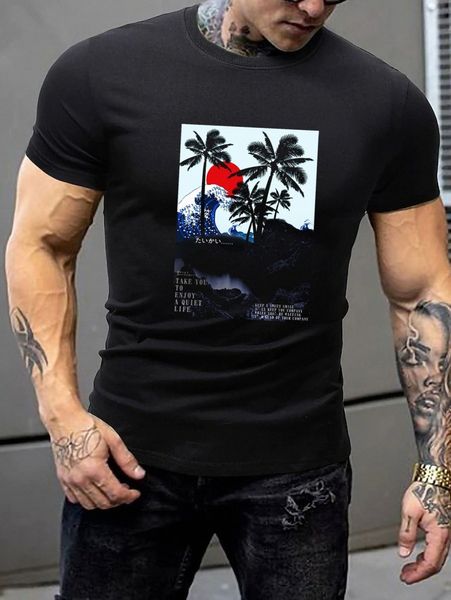 

men slogan & palm tree print tee u7ff#, White;black