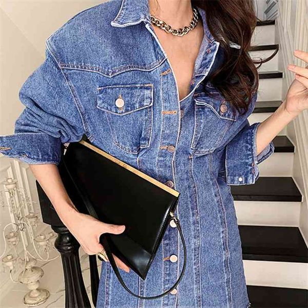 

chic denim dress woman high waisted vintage blue spring loose bodycon female korean single-breasted summer es 210603, Black;gray