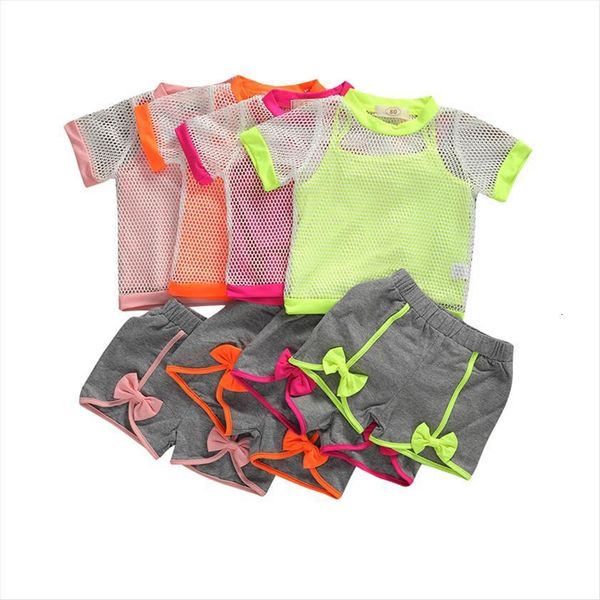 

1 6y casual infant baby girls clothes sets 3pcs solid vest net short sleeve t shirts bow shorts 4, White