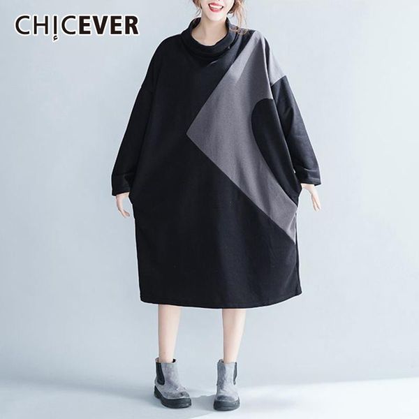 

casual dresses chicever patchwork hit color dress for women turtleneck cloak long sleeve oversized loose female 2021 fashion, Black;gray