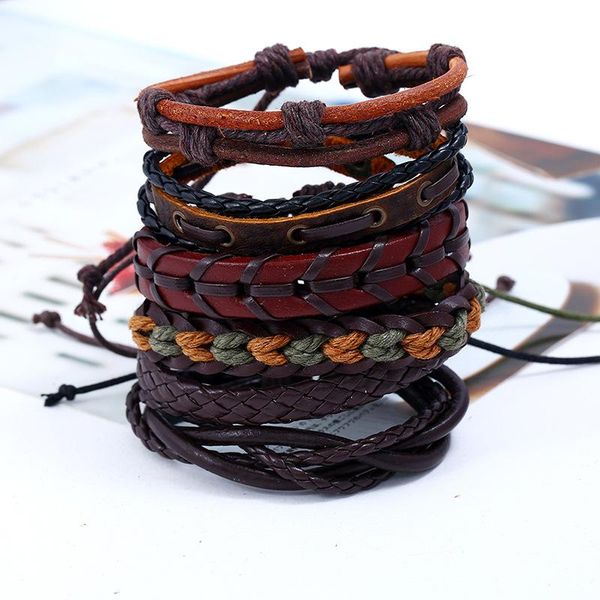 

tennis vintage punk bracelet for men 6 pcs/set multi-layer leather bracelets cuff weave rope bangle male women wrist band gift, Golden;silver