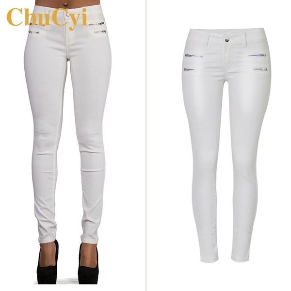 

women's jeans cbucyi fashion women low waist stretch pants double zipper pu coated faux leather moto biker pant female slim white denim, Blue