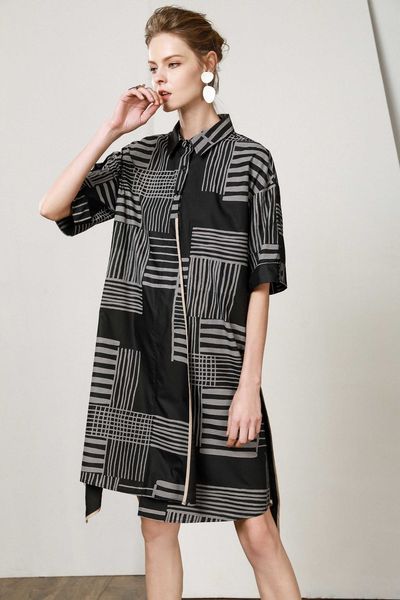 

2021 new summer oversize casual women irregular hem half sleeve turn down collar patchwork plus bq9d, Black;gray
