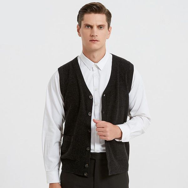 

men's vests 100% pure wool vest v-neck autumn and winter knitted cardigan casual sleeveless 21-1504, Black;white