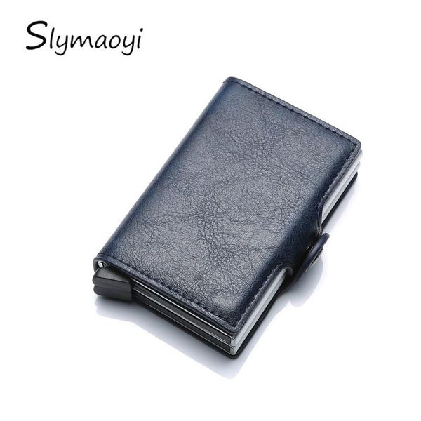 

card holders twin metal blocking leather business id holder 2021 men thin double aluminium case wallet mini purse, Brown;gray