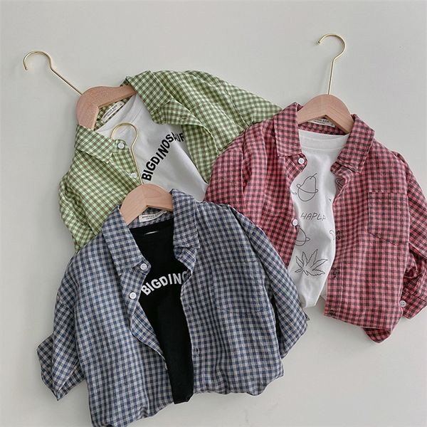 Koreanischer Stil Jungen Mode Plaid Langarmhemden Kinder 3 Farben Casual Tops Kleidung 210306