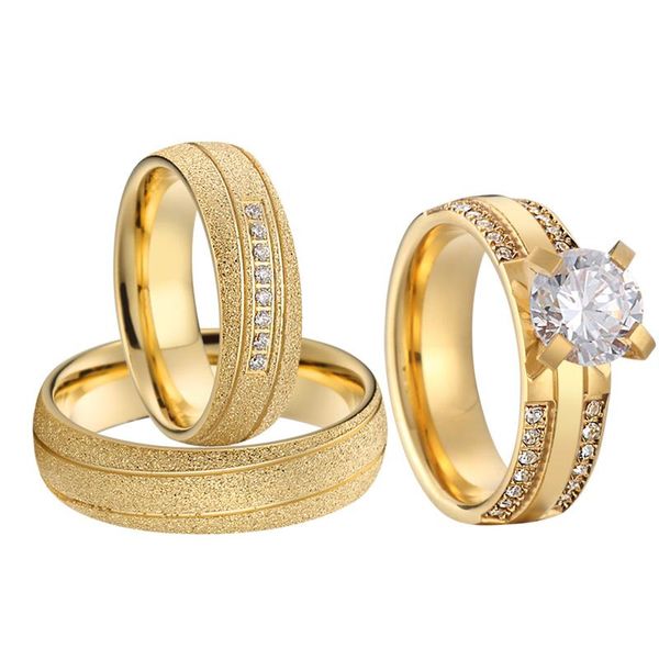 

wedding rings luxury lovers alliances 3pcs promise couple set for men and women big cz stone engagement ring marriage, Slivery;golden