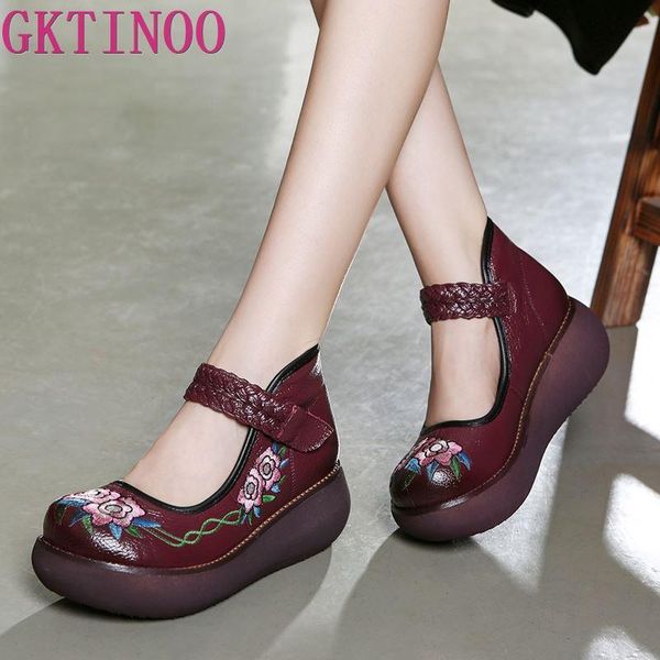 

dress shoes gktinoo 2021 spring women high heel platform wedges pumps genuine leather handmade vintage ankle strap casual, Black