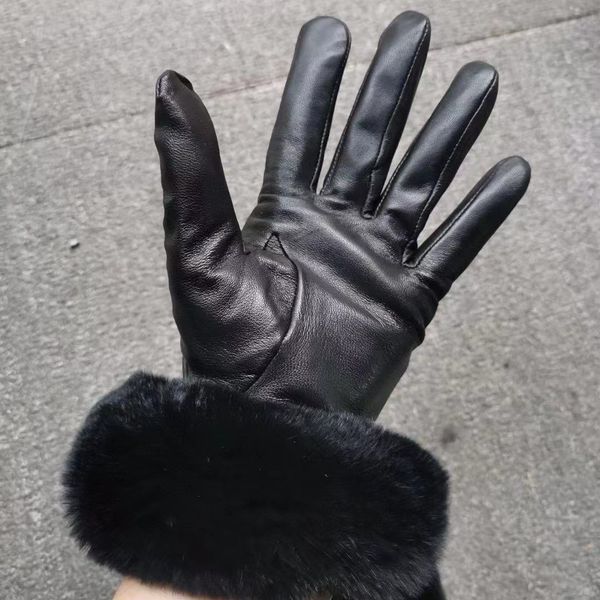 

brand winter leather gloves and fleece touch screen rex rabbit fur mouth cycling cold-proof thermal sheepskin fingers mitten, Blue;gray