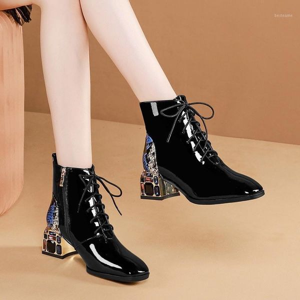 

boots crystal lace-up fashion short women autumn square toe pu ankle for 2021 thick heels pumps high1, Black