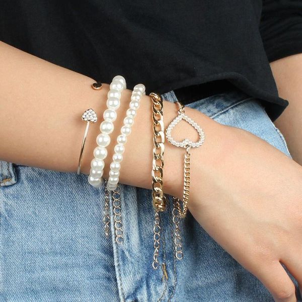 

link, chain 5pcs vintage hip-hop punk style pearl bracelet suit womanstemperament alloy heart-shaped jewelry gift for girl, Black