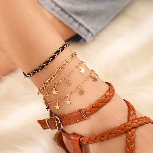 Gold Tiny Star Anklets Donne multi-strato intrecciato corda catena di fascino piede braccialetto di cavigliera