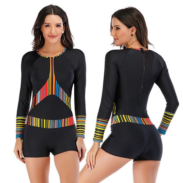 

rashguards women long sleeve swimsuit sun protection rash guard zipper swimwear one piece print surf shirt spa bating
