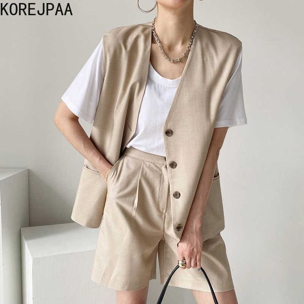 

korejpaa women set summer french retro v-neck loose single-breasted thin waistcoat jacket high waist casual wide-leg shorts 210526, White