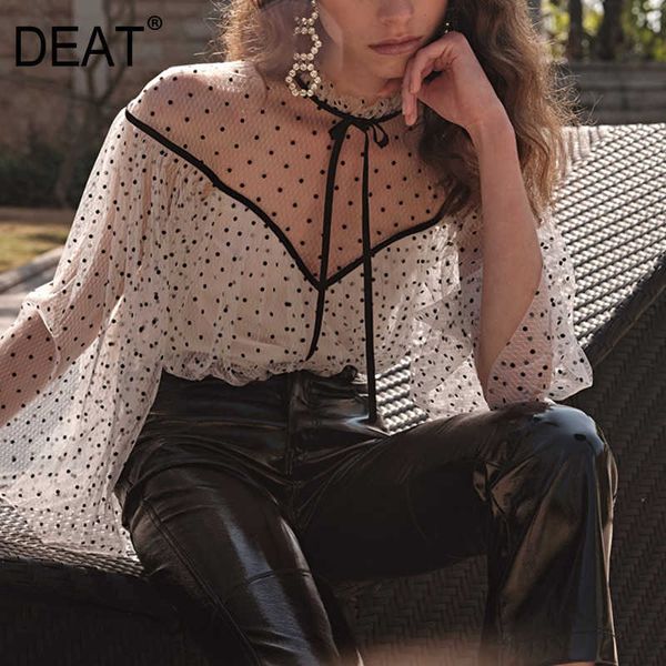 

[deat] summer fashion flare sleeve turtleneck polka dot loose temperament elegant women shirt 13q292 210527, White