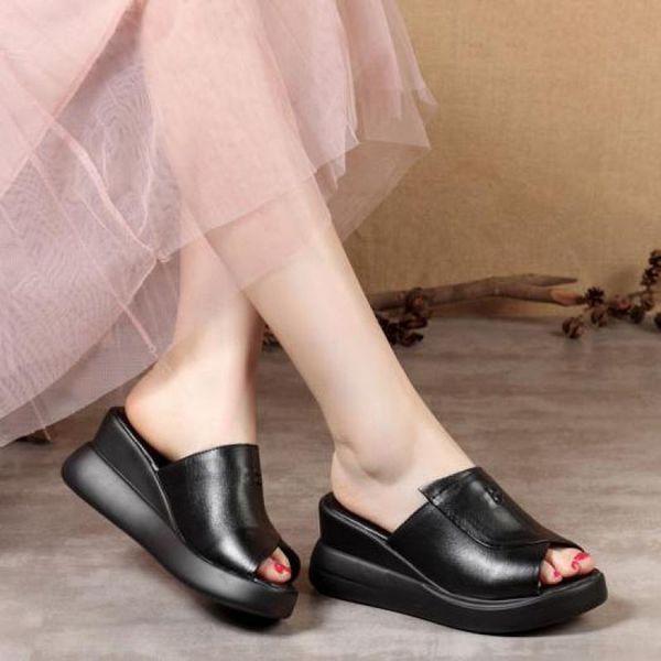 

yourseason summer ladies genuine leather outside shoes casual slides handmade concise women 2021 wedges slippers, Black
