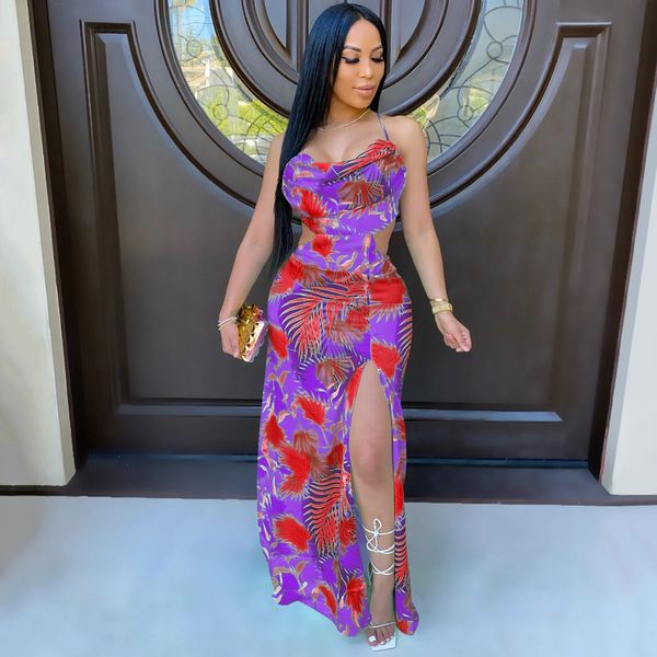 

halter backless high split maxi dress women 2021 boho print beach party night club long dresses d42-cg33, Black;gray