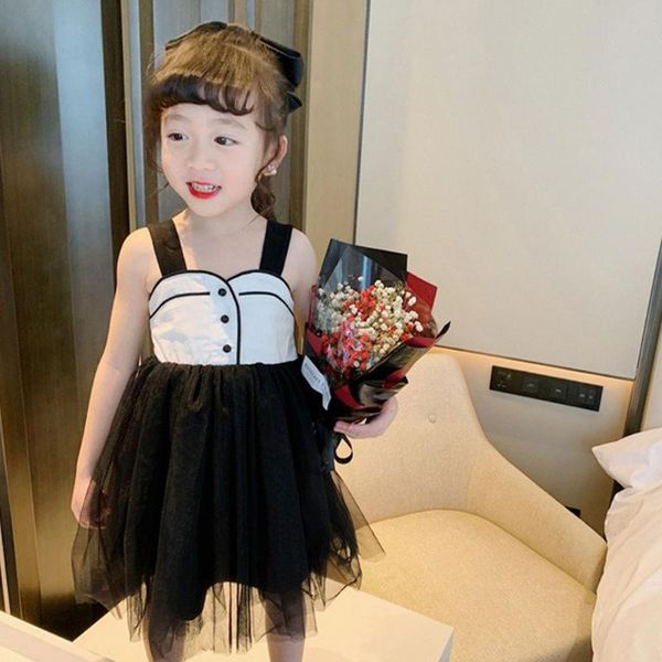 

girl's dresses summer 2021 girls sweet suspender fashion single-breasted mesh yarn stitching a-line princess dress, Red;yellow