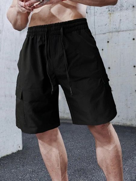 

men flap pocket side drawstring waist shorts 19pl#, Black