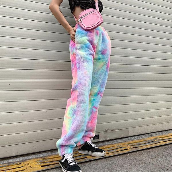

women's pants & capris winter high waist plush women tie dye drawstring thick trousers casual cotton sweatpants femme 2021, Black;white