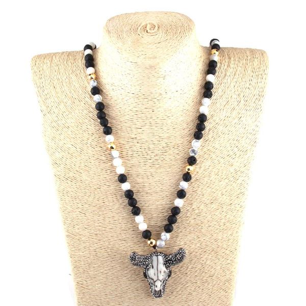 

pendant necklaces fashion black & white natural stone bull head women lariat, Silver