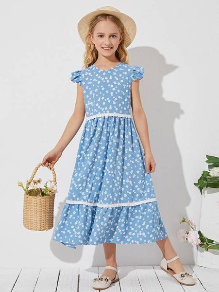 

girls ruffle trim schiffy detail floral dress she, Red;yellow