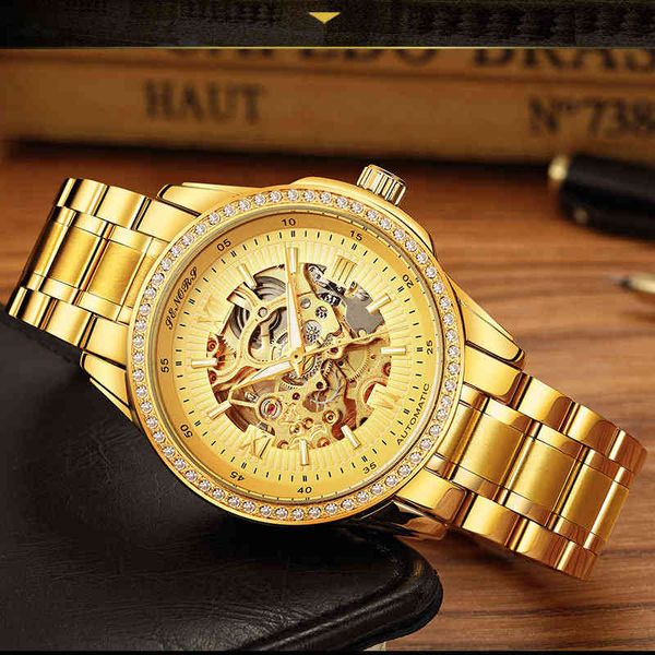 

clock skeleton automatic mechanical lighting gold vintage gentlemen s luxury rustless steel tape s, Slivery;brown