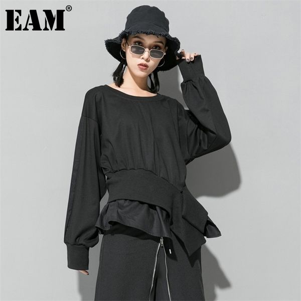 

[eam] loose fit black irregular cross sweatshirt new round neck long sleeve women big size fashion spring autumn 1da866 201126