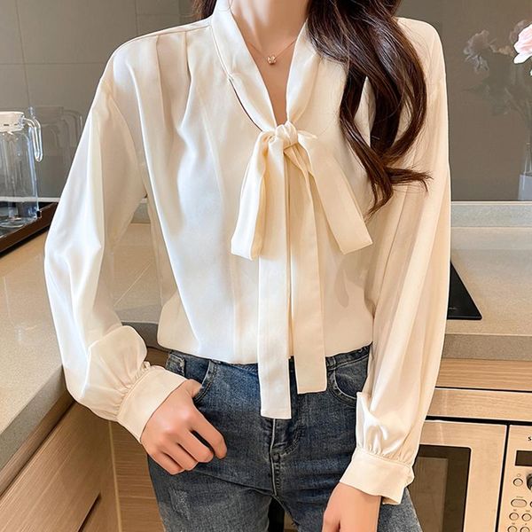 

women's blouses & shirts chiffon blouse elegant spring button summer bowtie long sleeve solid female office lady 2021, White