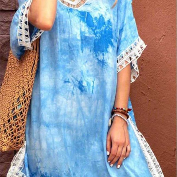 

summer style rayon tie dye printed lace contrast short sleeve dress, Black;gray