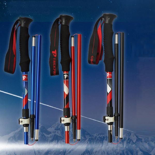 

trekking poles 1pcs portable with folding 5-section pole black blue red aluminum alloy material non-slip handle hiking