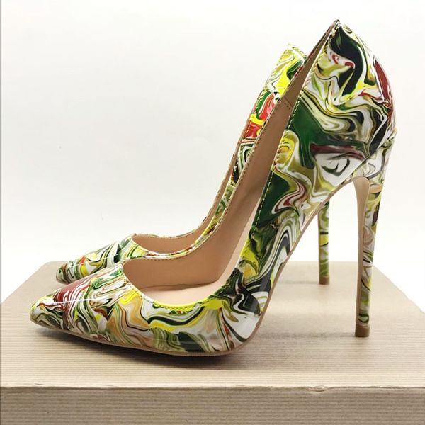 

dress shoes graffiti high heels 12cm women's pointed heels, wedding shoes, graffiti, shiny leather, size 35-43, 12 /  8 cm, he 7jyp, Black