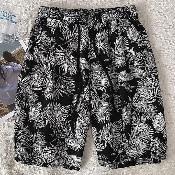 

men's shorts men fashion leaf printed short trouser hipster 2021 summer beach casual clothes daily street loose mid waist, White;black