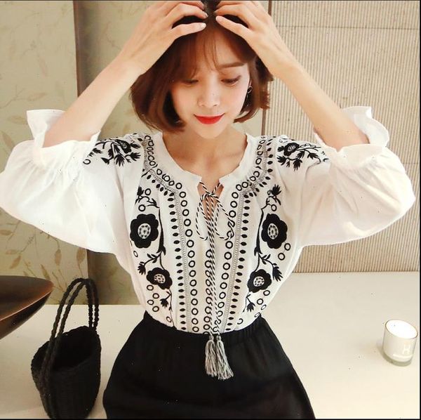 

summer spring autumn women embroidered lantern sleeve blouse shirt women long sleeve retro loose boho blouse female, White