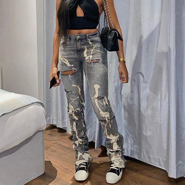 

women's jeans vintage denim distressed for women streetwear ripped straight pants casual mid waist fashion grey print trousers, Blue