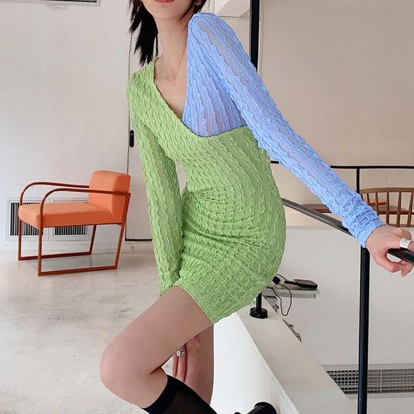 

casual dresses elegant office lady dress female autumn long-sleeved v-neck stitching slim temperament stretch mini tight, Black;gray