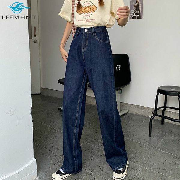 

2021 new women summer fashion blue vintage denim office lady casual straight wide leg trousers female high waist f2aa