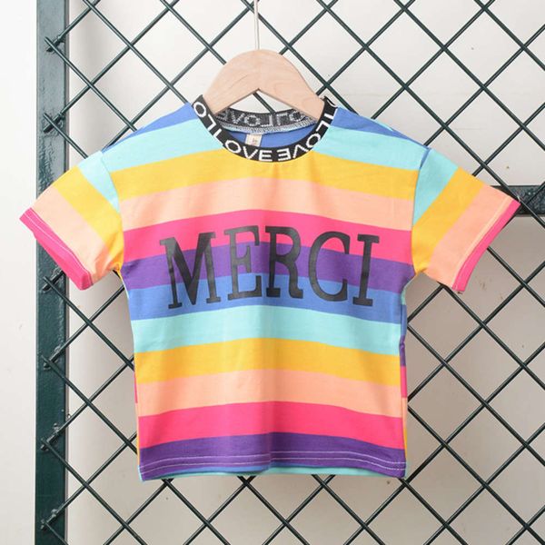 

t-shirt summer korean 2020 new boy's short sleeve foreign style children's color bar bottomed shirt, Blue