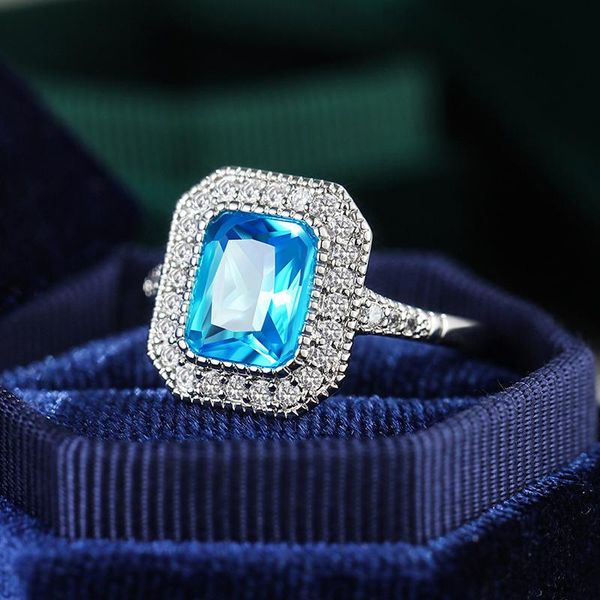 

wedding rings romantic luxury square sea blue shiny cz stone for women elegant lady engagement jewelry bride band princess ring, Slivery;golden