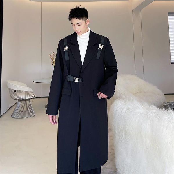 

men's trench coats ribbons metal buckle design techwear fashion long suit style coat men korean casual white black jackets and, Tan;black