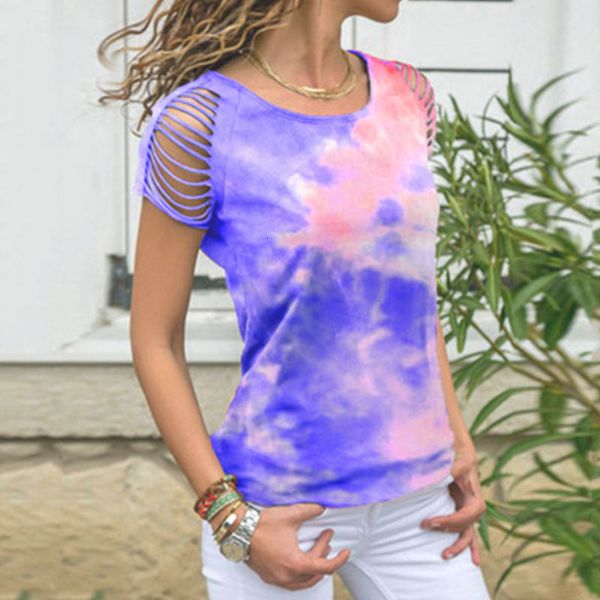 

2021 new casual short sleeve t-shirt summerwomen dew shoulder ladies tie-dye hollow out t-shirts tees streetwear egze, White