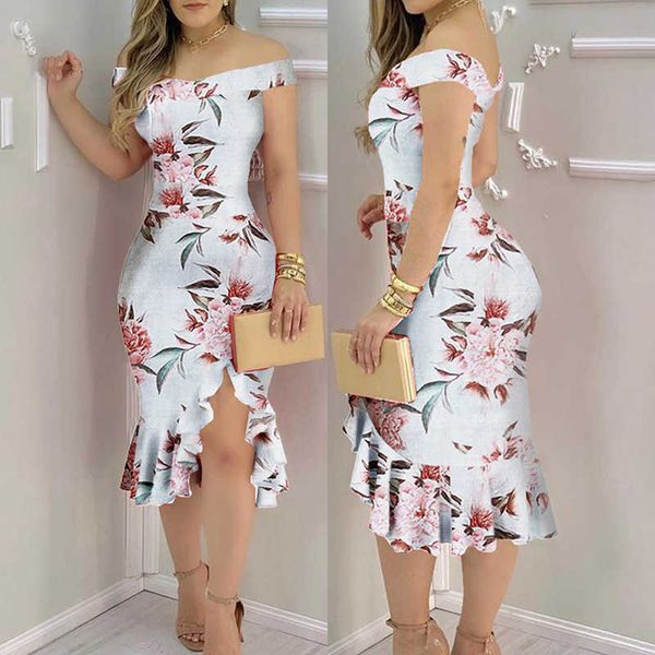 Mulheres Off Ombro Ruffled Bodycon Dress Floral Impressão Robe Slit Cocktail Festa Vestido 210716