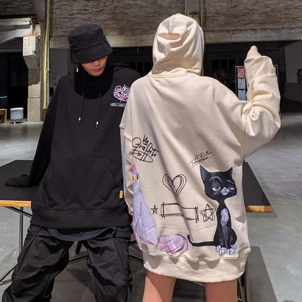 

men's hoodies & sweatshirts street hipster lovers clothes hooded hoodie men women black and white cats print loose casual pullover ove