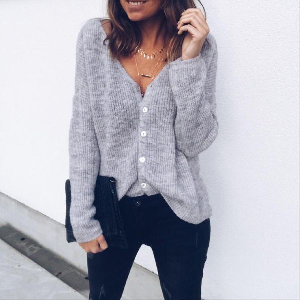 

women's sweaters button up v neck sweater ladies casual jumper loose, White;black