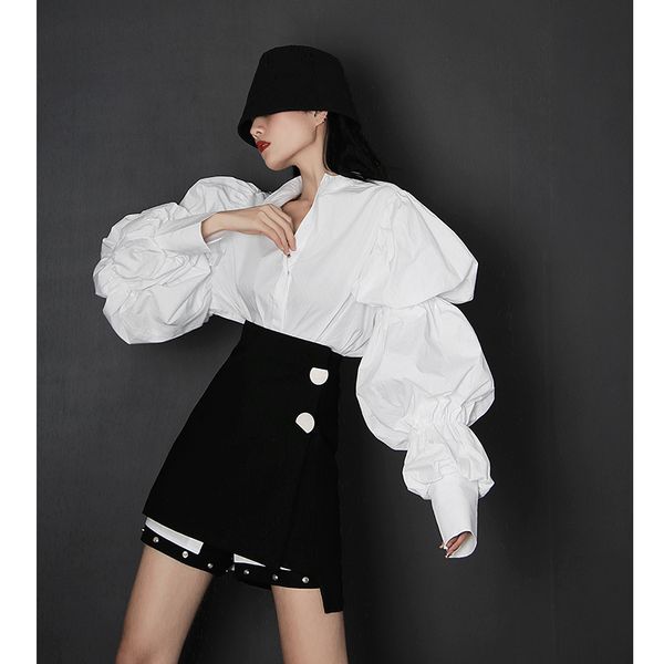 

2021 new autumn winter fashion solid loose lantern sleeve shirt full french court style blouse women 8eda, White;black
