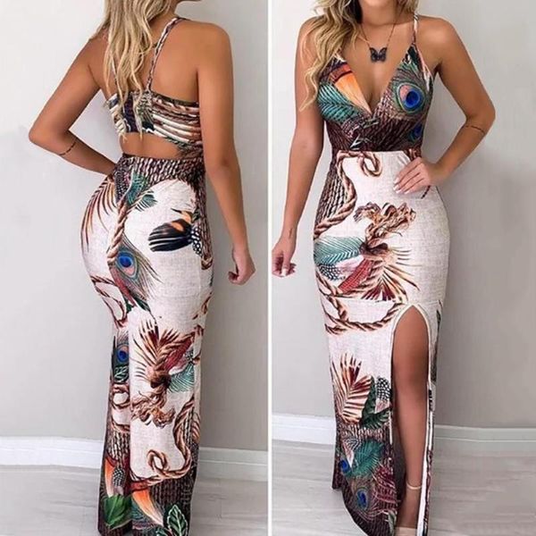 

casual dresses women's peacock feather print dress thigh slit slip bandage slim fit anke-length sundress, Black;gray