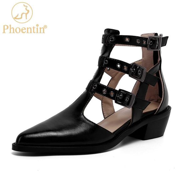 

sandals phoentin black cowgirl summer boots back zip genuine leather roman gladiator women 2021 mid chunky heel shoes ft1471