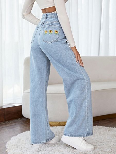 

high waist wide leg floral embroidery jeans 82ew#, Blue