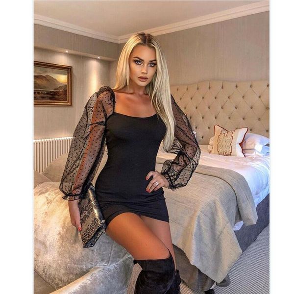 

bodycon dress women square neck polka dot see-through mesh puff long sleeve fashion mini dresses package hip casual, Black;gray